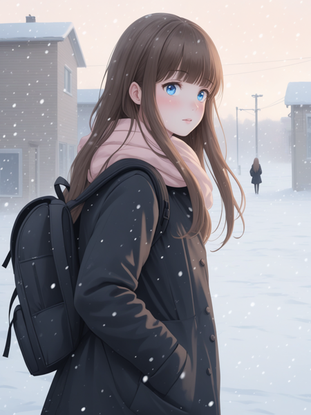 31073627-18303833-Girl, long straight brown hair with bangs, blue eyes, looks at the viewer, blush, dressed in a black coat, wears a black backpac.png